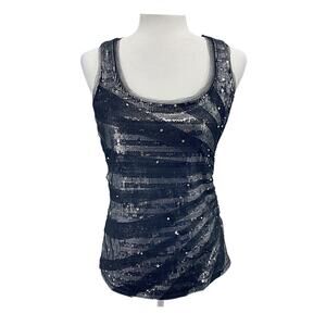 WHBM Black Silver Sequin Tank Women Party Top Stretch Scoop Neck